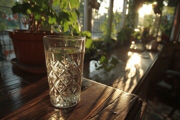 Glistening Crystal Glass on a Wooden Table by the Window