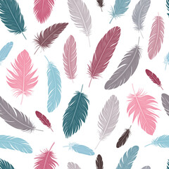 Seamless pattern with colorful bird feathers. Pastel colors. Tenderness and elegance. Vector.