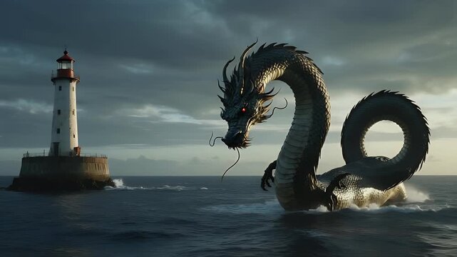 Majestic Sea Dragon Confronts Lighthouse in Stormy Ocean Waters