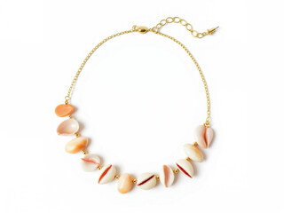 Shell necklace with gold chain showcasing natural coastal design isolated white background 
