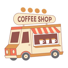 Coffee shop food truck with striped awning and coffee cups coffee truck mobile cafe