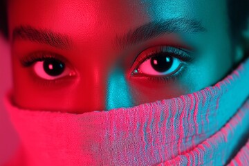 Eyes of Mystery: Neon Lit Close Up with Dual Colored Lighting
