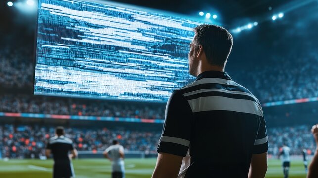 Person observing a large screen displaying glitch codes during a sporting event.
