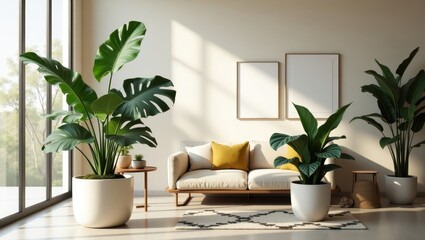 Modern living room with potted plants and minimalist decor.