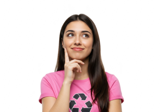 A young woman with dark hair touches her chin thoughtfully, looking upwards with a slight smile, isolated on a transparent background