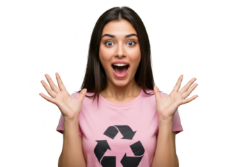 A young woman with dark hair expresses shock and excitement, her mouth wide open and hands raised, wearing a pink tshirt with a recycling symbol, isolated on a transparent background
