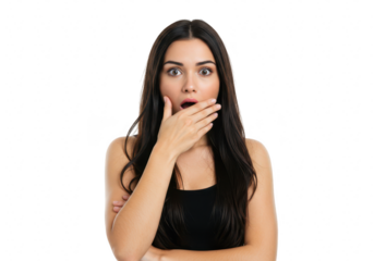 A young woman with dark hair covers her mouth in surprise, her eyes wide with astonishment, wearing a black tank top, isolated on a transparent background