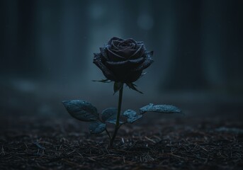 Dark Rose in Misty Forest - A Moody Floral Image