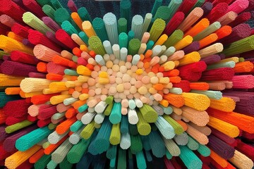 Vibrant Creative Space Made of Multicolored Fuzzy Cylinders Reminding Crayon Art