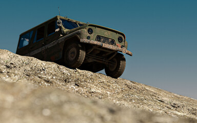 Vintage Off-Road Vehicle Climbing Rocky Terrain under Clear Blue Sky