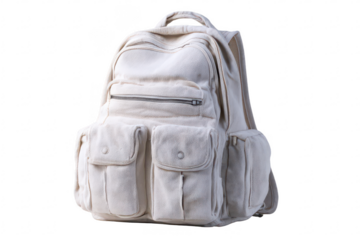 Cream-colored backpack with multiple pockets