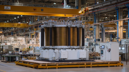 Golden superconductor coil glints under bright factory lighting, mounted on a high-voltage transformer platform. Steel framework and control panels hint at modern power production