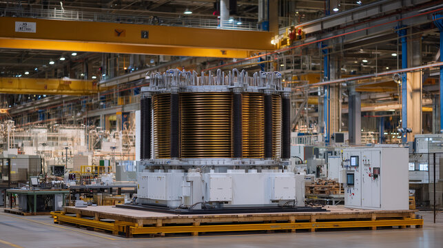 Golden superconductor coil glints under bright factory lighting, mounted on a high-voltage transformer platform. Steel framework and control panels hint at modern power production