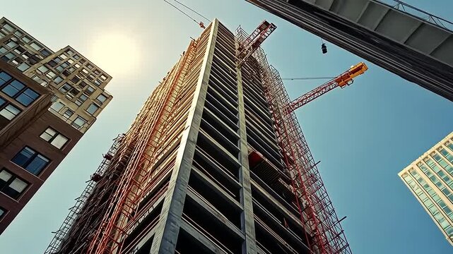 Construction site of a tall building, seen from below