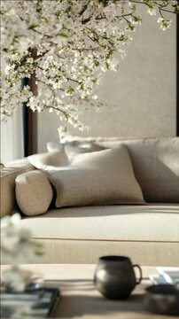 A couch with pillows and a vase of flowers on it. The couch is white and has a floral pattern