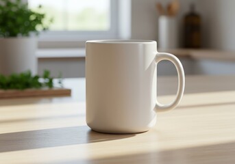 Fototapeta premium White Mug on Wooden Table - Mockup for Your Design