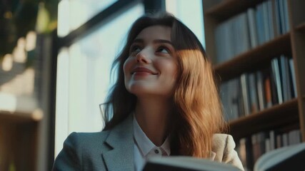 A thoughtful woman reading a book, with books and a bookshelf behind her. - Powered by Adobe