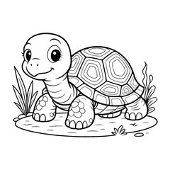 Whimsical Cartoon Turtle Illustration for Children's Coloring Pages, Adorable Tortoise Outline with Detailed Shell and Smiling Face