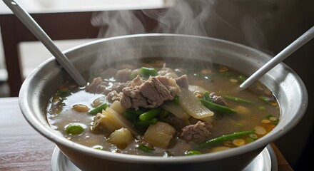 Aromatic Steaming Hot Pot of Delicious Beef Soup with Vegetables, a Culinary Delight