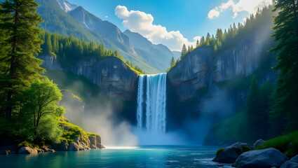 Majestic Waterfall Amongst High Mountains with Alpine Trees and Clear Blue Sky, 4K