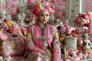 Elegant Woman in Traditional Attire Surrounded by Floral Decor