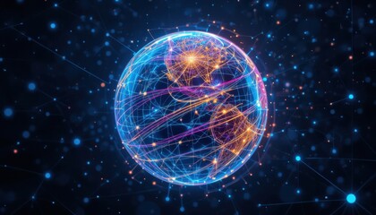 Obraz premium Abstract digital network world globe with glowing connections lines around earth