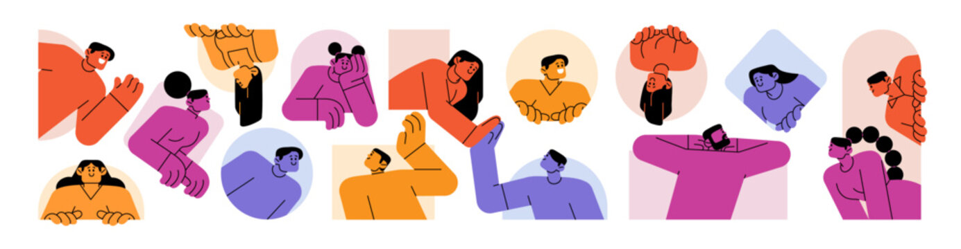Set of people peeking out. Curious men and women peep outside windows, geometric shapes with curiosity. Happy characters seek, look from behind wall. Flat isolated vector illustrations on white