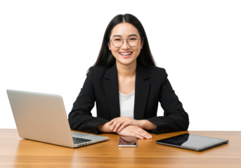 A smiling asian businesswoman in a suit and glasses, sitting at a desk with a laptop, tablet, and phone, isolated on white isolated on transparent background