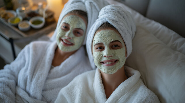 Overhead view of mother and daughterâs heads with fresh facial masks and white towels, lying back on soft pillows. Spa accessories like bowls of natural ingredients and skincare ja