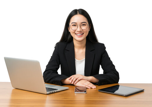 A smiling asian businesswoman in a suit and glasses, sitting at a desk with a laptop, tablet, and phone, isolated on white isolated on transparent background