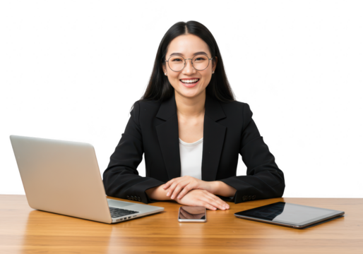 A smiling asian businesswoman in a suit and glasses, sitting at a desk with a laptop, tablet, and phone, isolated on white isolated on transparent background