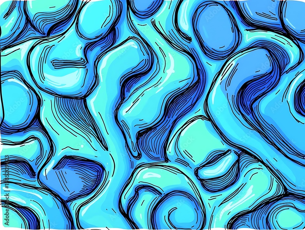 Fototapete abstract blue fluid seamless pattern with black stroke lines rendering vector illustration