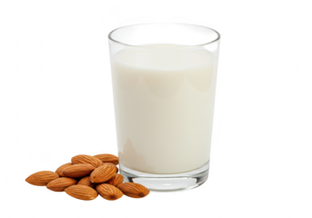 A glass of almond milk with almonds scattered around it, isolated on a transparent background