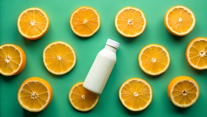 A bottle of orange juice with sliced oranges