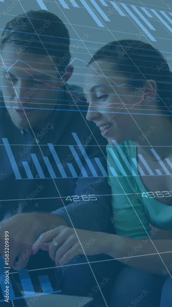 Poster animation of multiple graphs and changing numbers, diverse couple discussing expenses in home