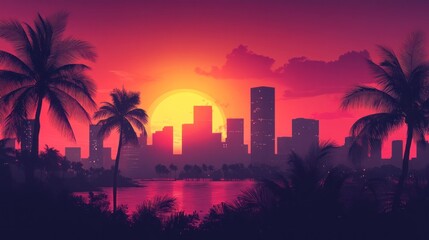 Vibrant sunset over a tropical city skyline reflected in calm water.
