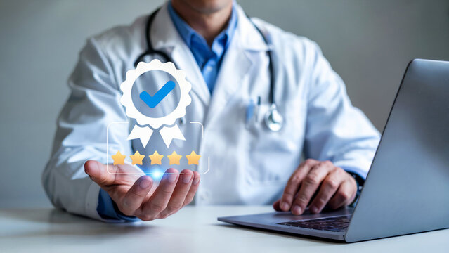 Doctor holding a virtual badge of excellence with a checkmark and five golden stars indicating top quality healthcare services