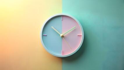 A clock with pink and blue halves on a split background