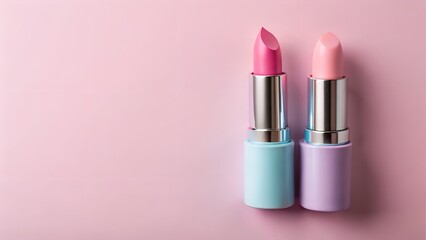 Two lipsticks in pastel colors on pink background
