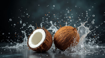 Half coconut and whole with splash of water on dark stone background