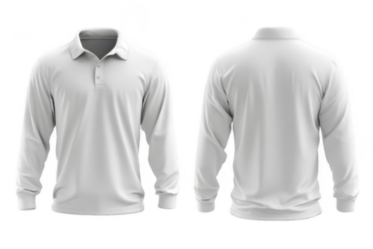 Front and back view of a plain white polo shirt with long sleeves (3)