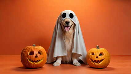 Adorable golden retriever dog dressed as a ghost with two carved pumpkins for halloween celebration