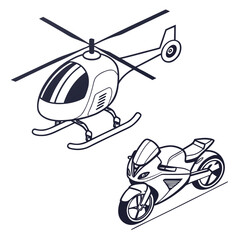 Helicopter and sport motorcycle illustration aviation