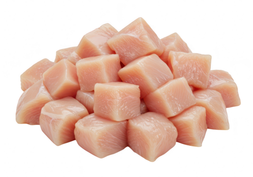 A pile of raw chicken breast cubes isolated on a transparent background
