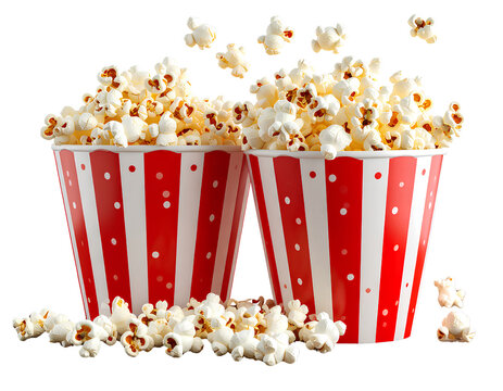 Bursting Popcorn in Fun Red Polka Dot Buckets on Wooden Tabletop, Transparent PNG Background