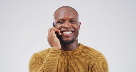 Portrait, phone call and happy black man in studio for communication, connection or story. Mobile,...