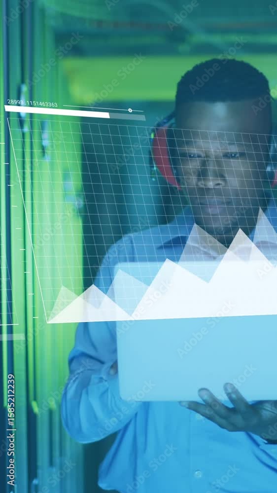 Poster animation of data processing over african american male it technician working by computer servers