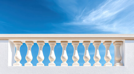 Elegant architectural details of white balustrade against bright blue sky