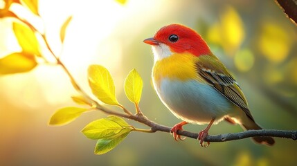 Fototapeta premium Vibrant bird perched on branch, bathed in sunlight