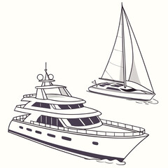 Motor yacht and sailboat on water ocean